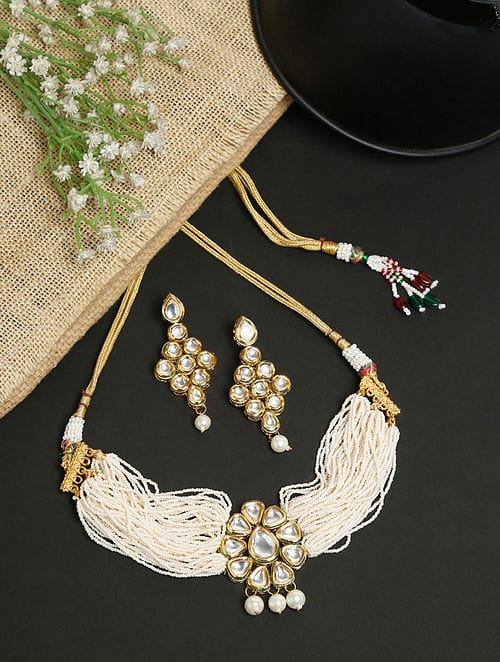 Gold-Toned & White Kundan-Studded Beaded Meenakari Jewellery Set