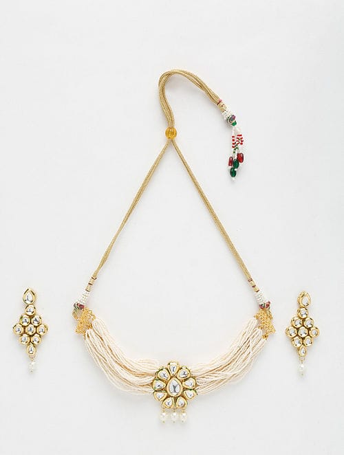 Gold-Toned & White Kundan-Studded Beaded Meenakari Jewellery Set - Image 2