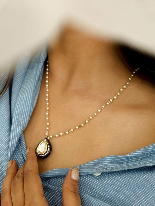 White Rhodium Finish Polki Pendant Necklace - Image 2