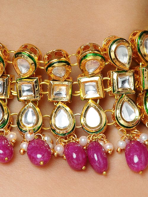 Gold Tone Kundan Choker Necklace With Earrings - Image 3