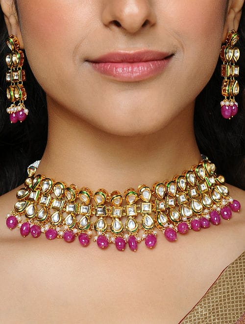 Gold Tone Kundan Choker Necklace With Earrings - Image 2