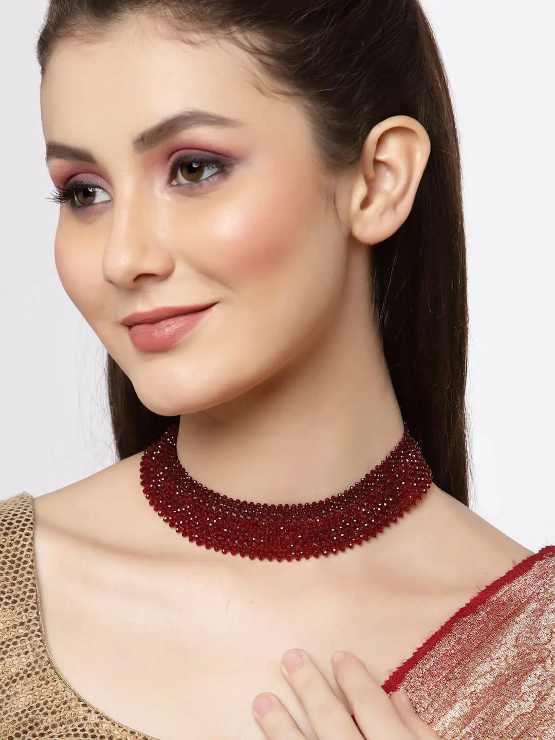 Maroon & Gold-Toned Crystal Choker Necklace - Image 2