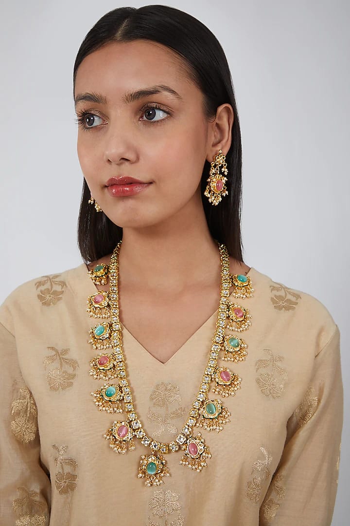 Gold Plated Multicolour Kundan Polki Necklace - Image 2