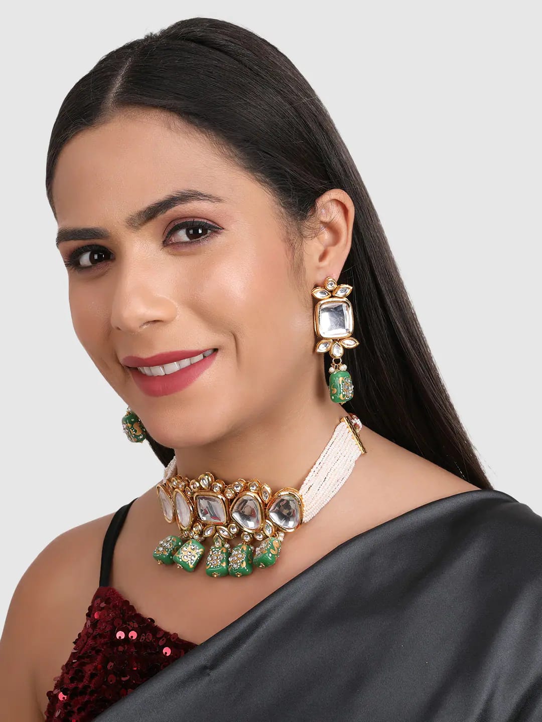 Gold Plated Green & White Kundan-Studded & Pearl Beaded Jewellery Set - Image 3