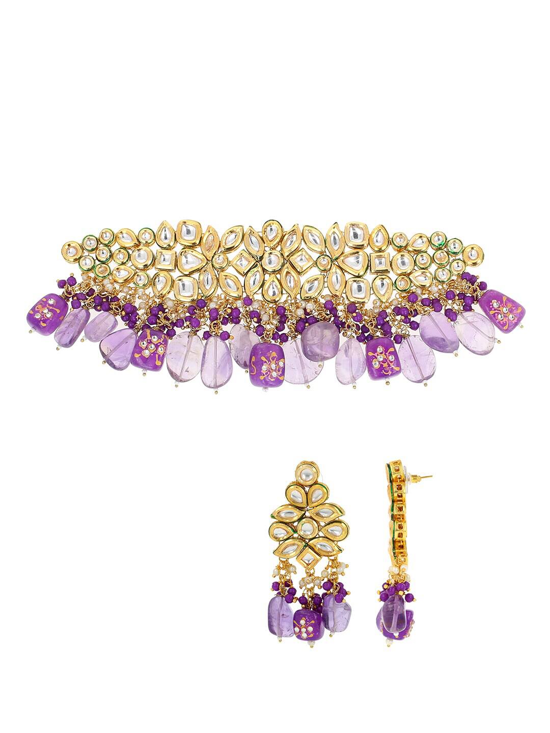 Gold Plated Kundan And Beads Embellished Choker Necklace Set - Image 2