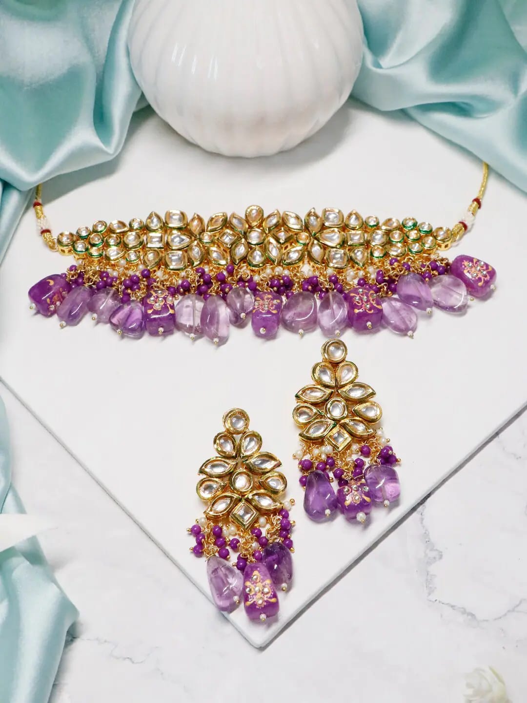 Gold Plated Kundan And Beads Embellished Choker Necklace Set