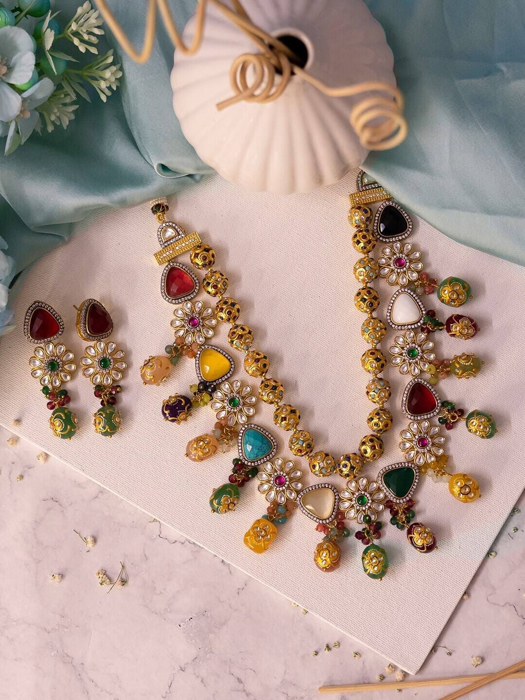 Multicolored Beads Statement Kundan Choker Necklace and Earring
