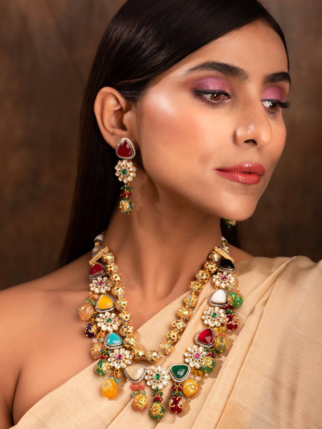 Multicolored Beads Statement Kundan Choker Necklace and Earring - Image 3