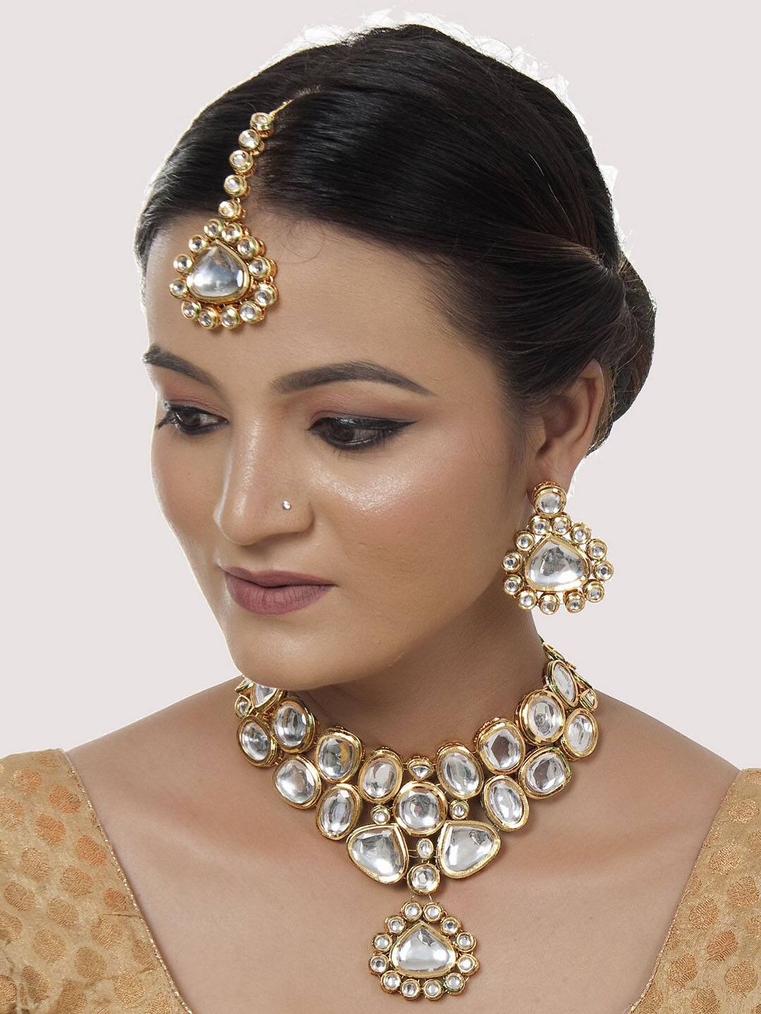 Gold-Plated Kundan-Studded & Pearls Beaded Necklace With Earrings & Maangtikka - Image 2