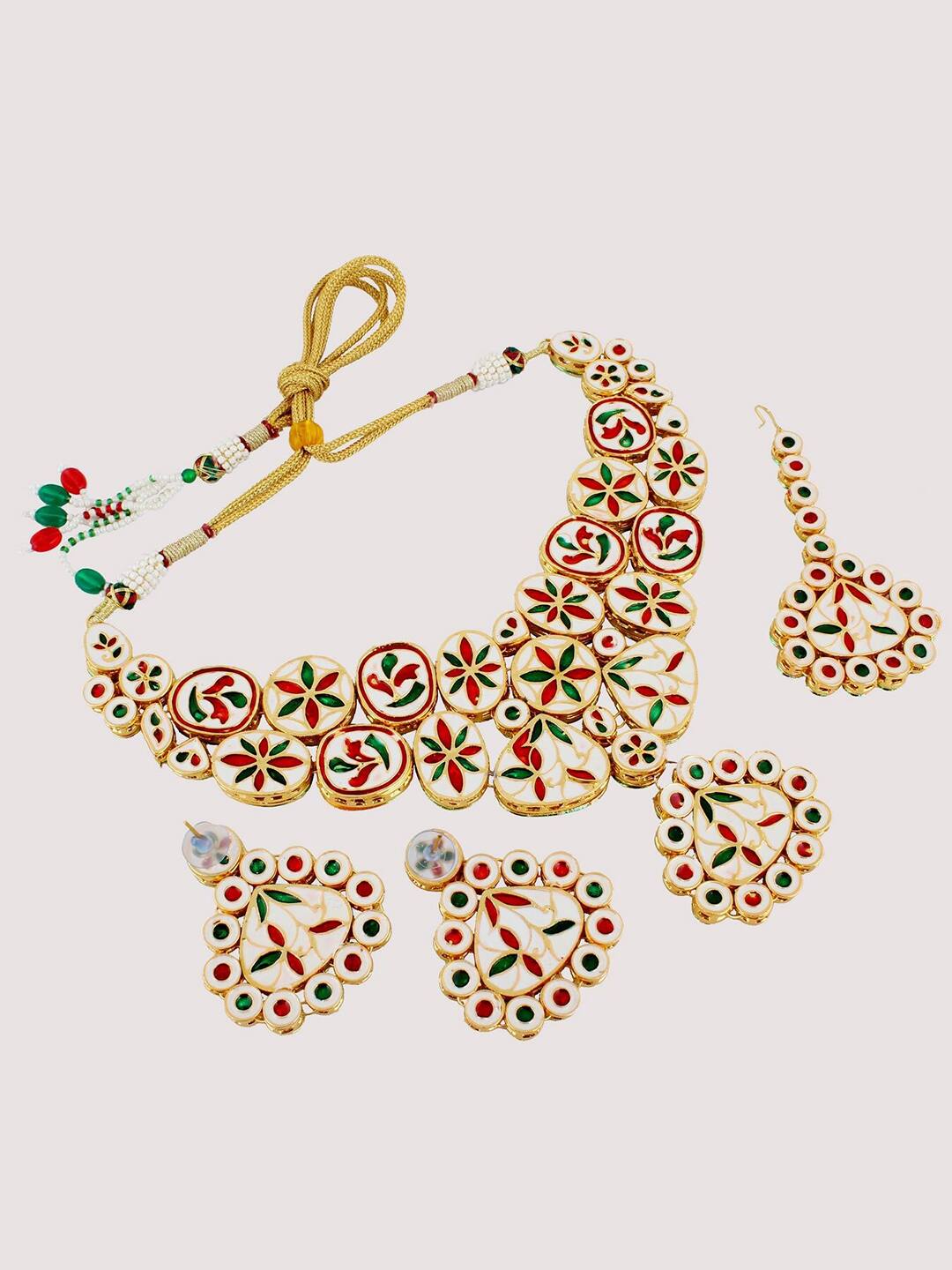 Gold-Plated Kundan-Studded & Pearls Beaded Necklace With Earrings & Maangtikka - Image 5
