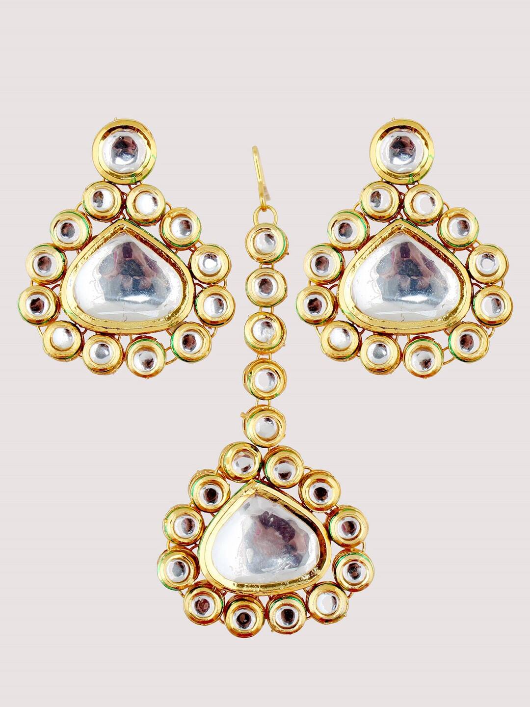 Gold-Plated Kundan-Studded & Pearls Beaded Necklace With Earrings & Maangtikka - Image 7