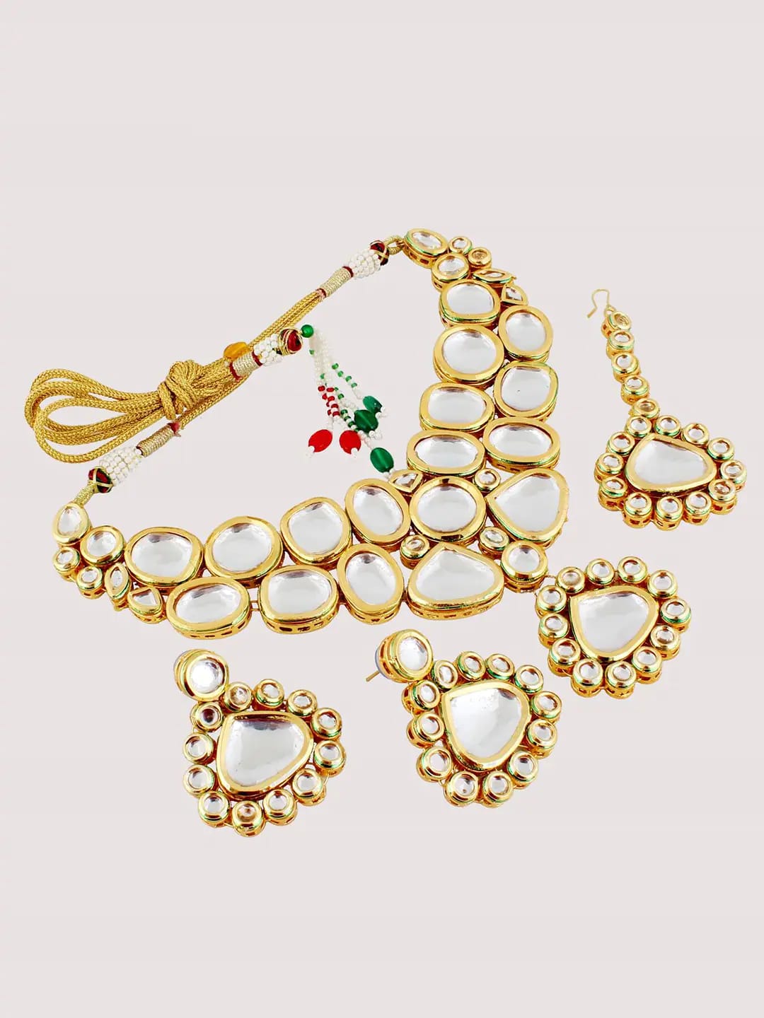 Gold-Plated Kundan-Studded & Pearls Beaded Necklace With Earrings & Maangtikka - Image 4