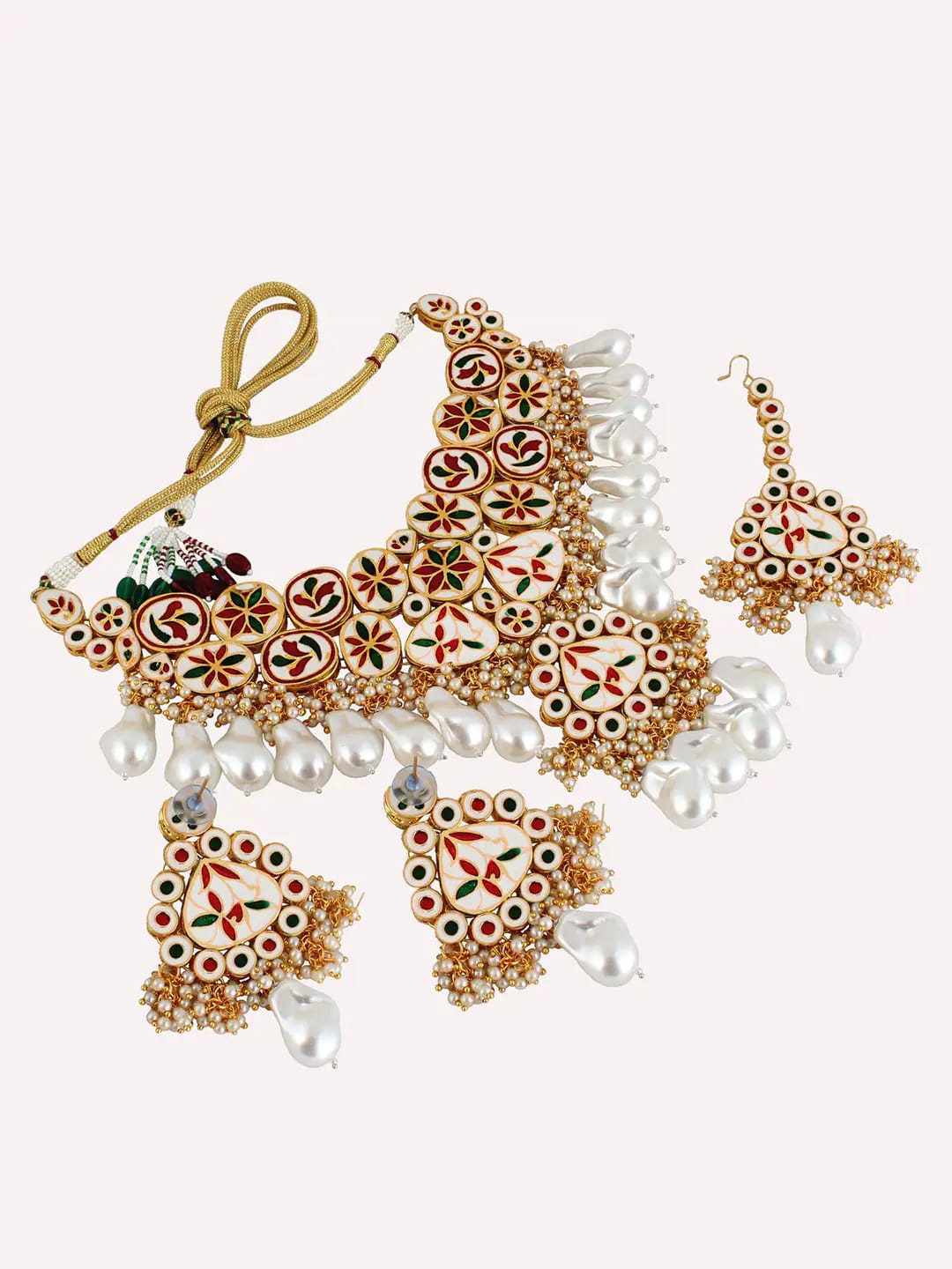 Gold-Plated Kundan-Studded & Pearls Beaded Necklace With Earrings & Maangtikka - Image 5