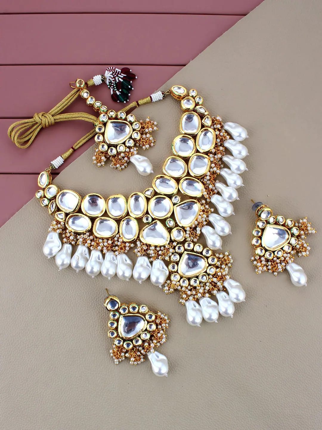 Gold-Plated Kundan-Studded & Pearls Beaded Necklace With Earrings & Maangtikka