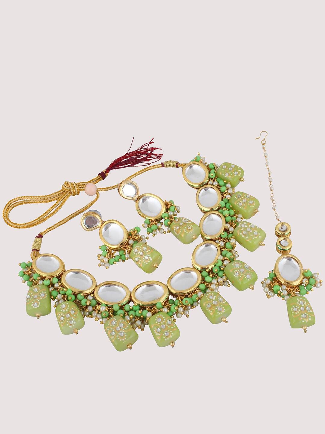 Gold Plated Kundan-Studded & Beaded Jewellery Set - Image 2