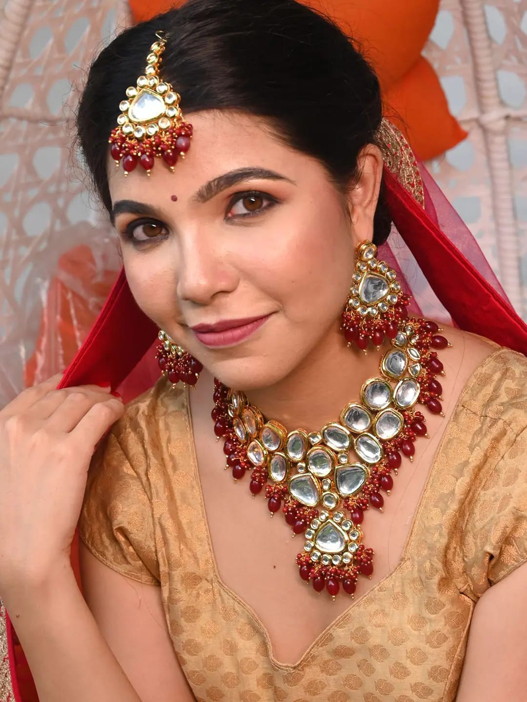 Gold-Plated Kundan-Studded & Pearls Beaded Necklace With Earrings & Maangtikka - Image 2