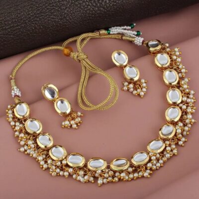 Gold-Plated White Kundan-Studded & Beaded Necklace & Earrings