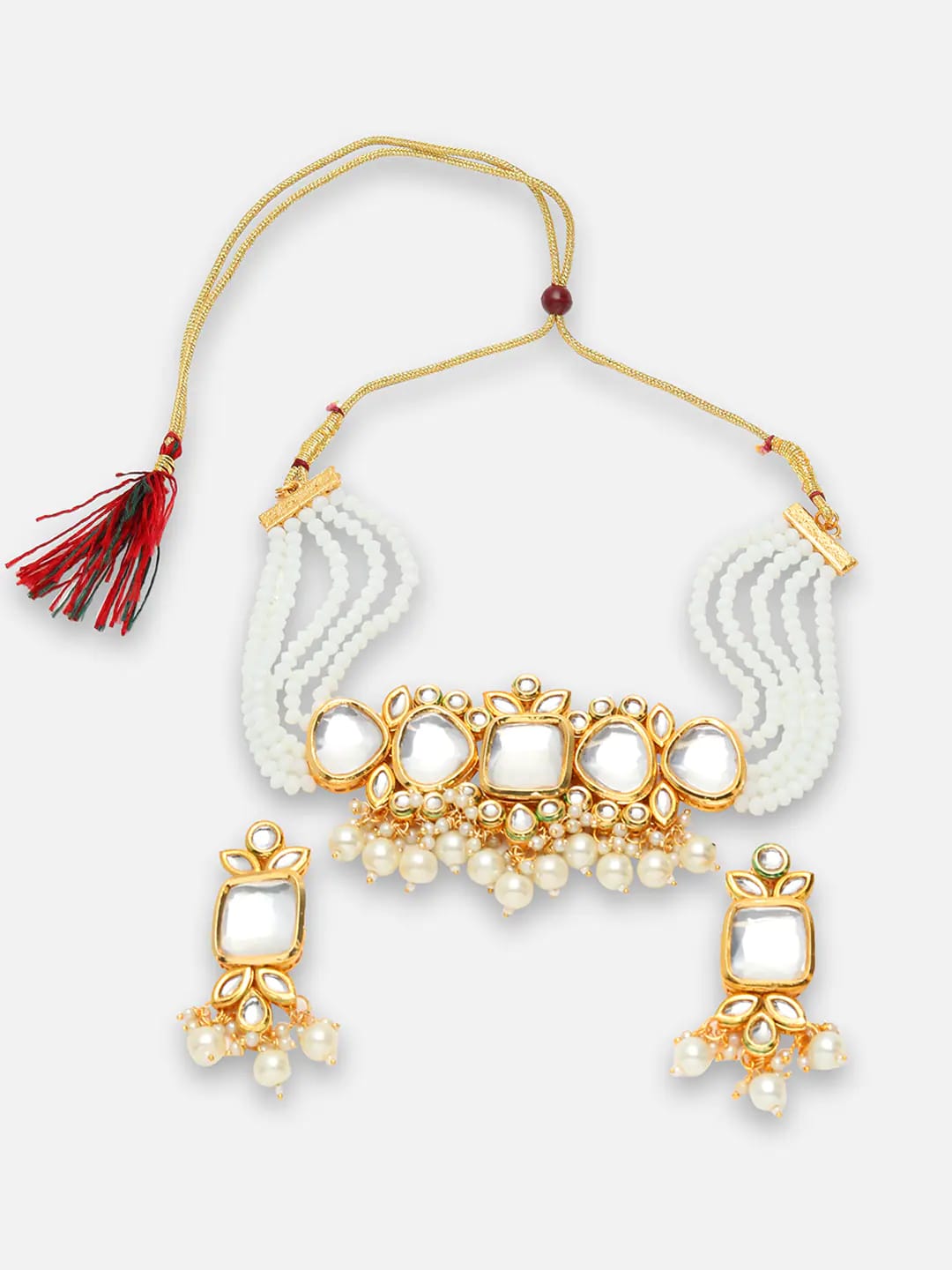 Gold Plated White Kundan-Studded Jewellery Set - Image 4