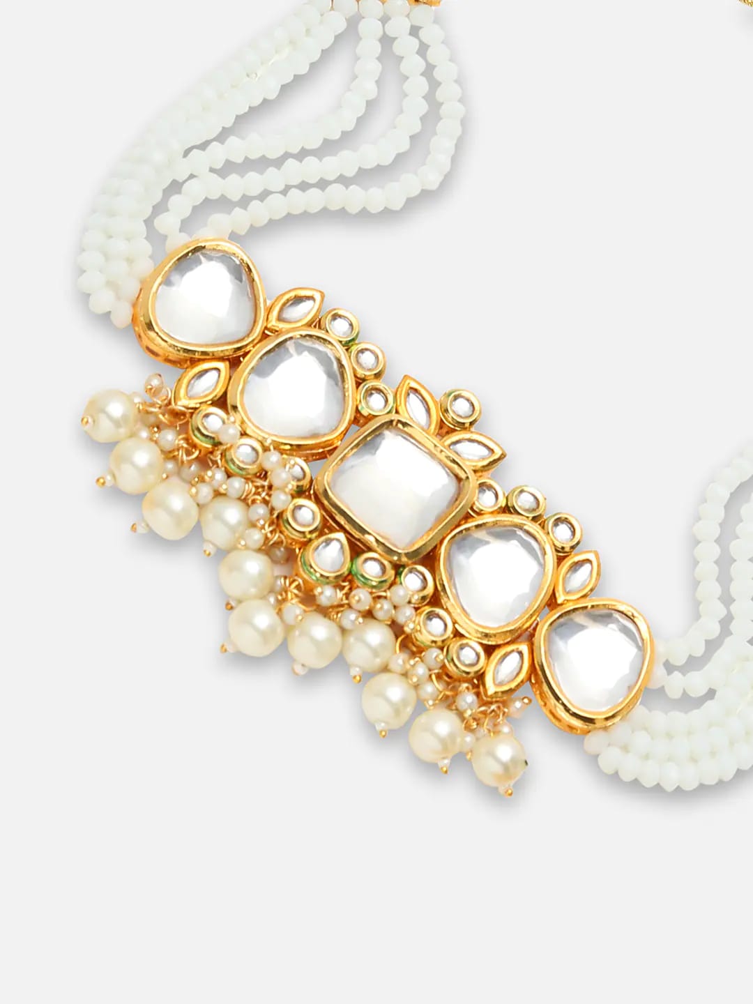 Gold Plated White Kundan-Studded Jewellery Set - Image 6
