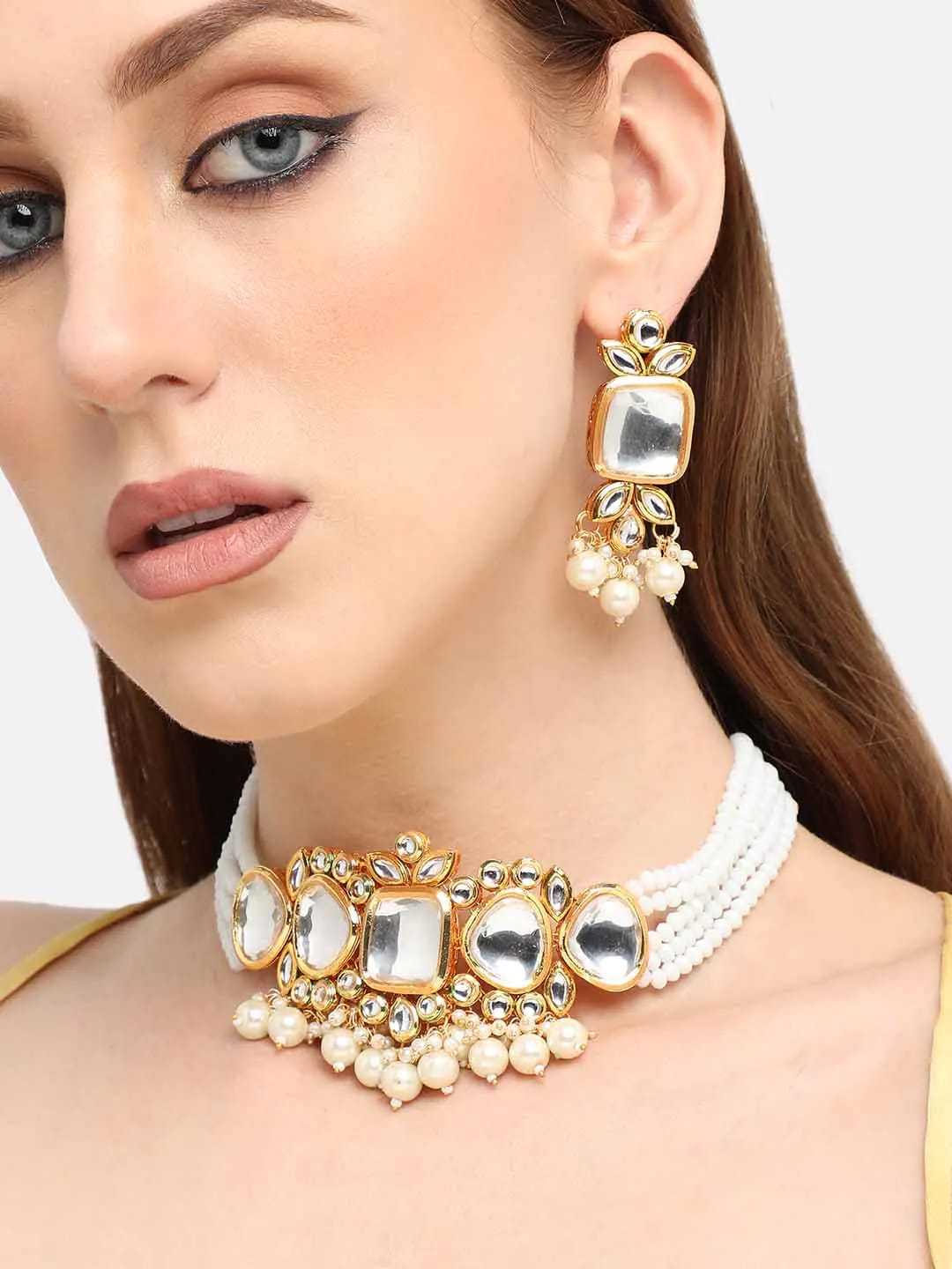 Gold Plated White Kundan-Studded Jewellery Set - Image 3