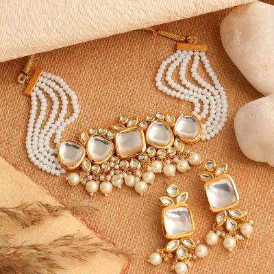 Gold Plated White Kundan-Studded Jewellery Set