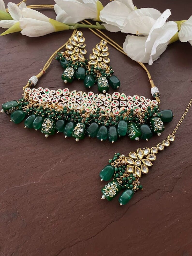 Green and Gold Tone Inspired by Sabyasachi Kundan Choker Necklace Set - Image 2