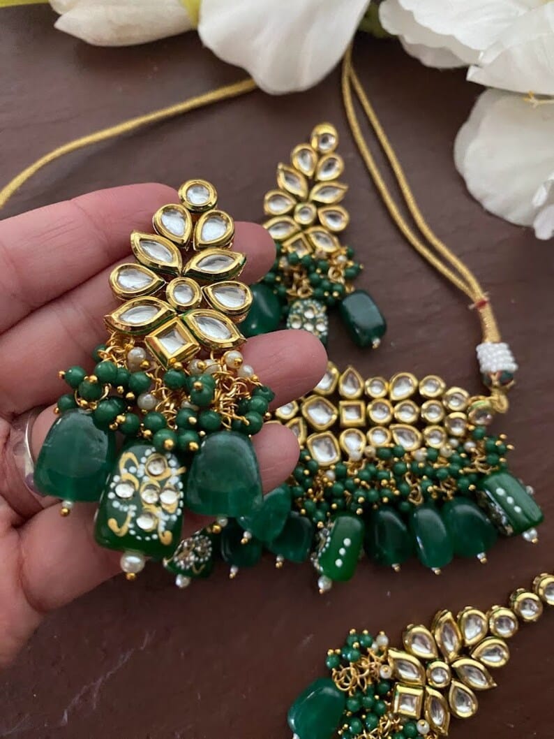 Green and Gold Tone Inspired by Sabyasachi Kundan Choker Necklace Set - Image 3