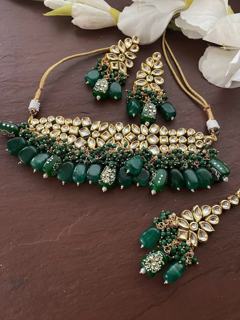 Green and Gold Tone Inspired by Sabyasachi Kundan Choker Necklace Set