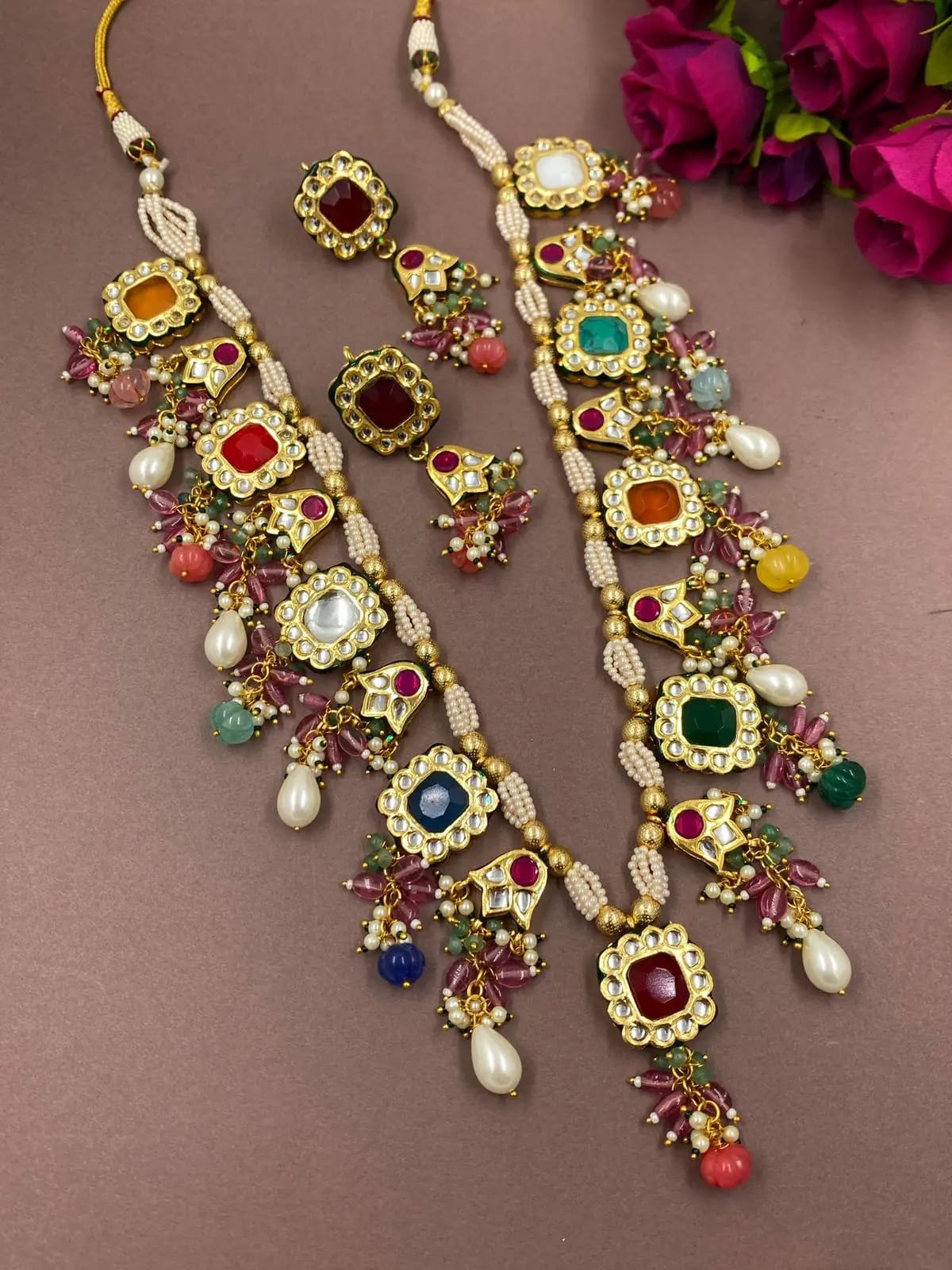 Designer Gold Plated Long Kundan Necklace With Multi Color Stones