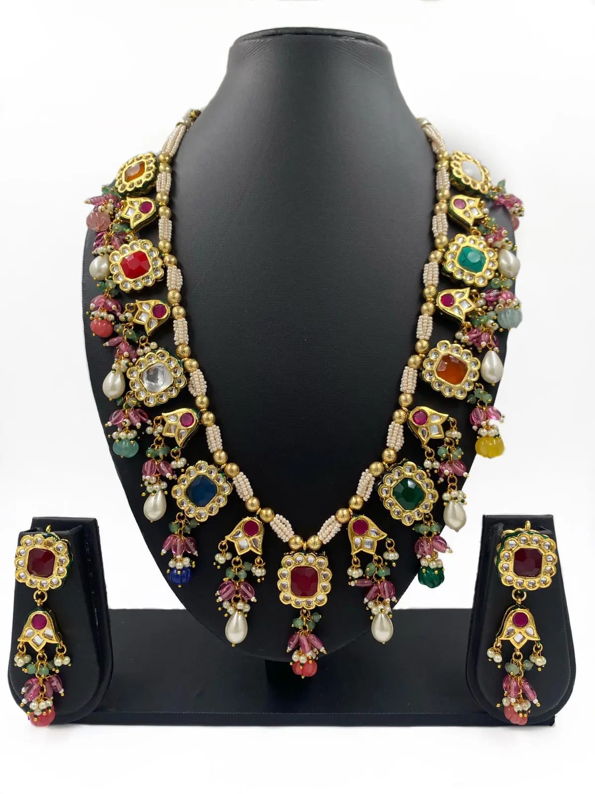 Designer Gold Plated Long Kundan Necklace With Multi Color Stones - Image 2