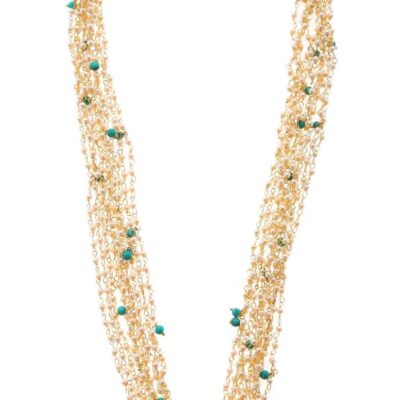 Multistrand Pearl and Turquoise Stones Necklace