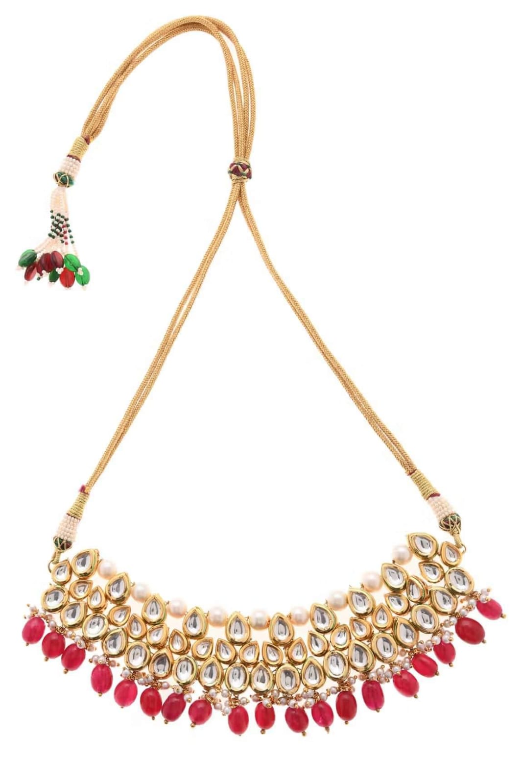 Gold Plated Maroon Beaded Kundan Necklace With Earrings - Image 2