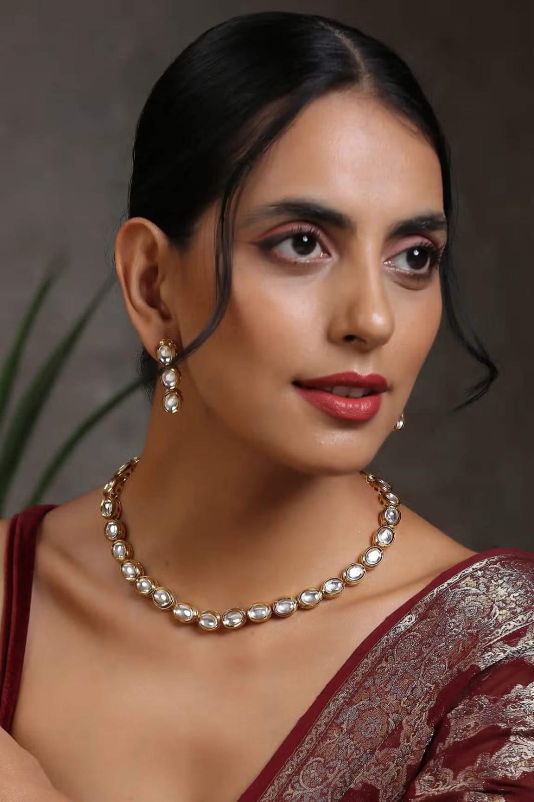 Gold-Plated Kundan Studded Necklace & Earrings Set - Image 2
