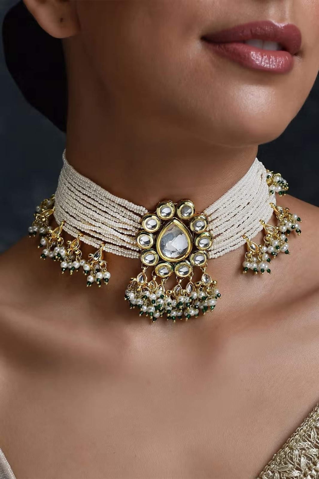 Gold Plated Kundan Pearl Necklace With Earrings - Image 2