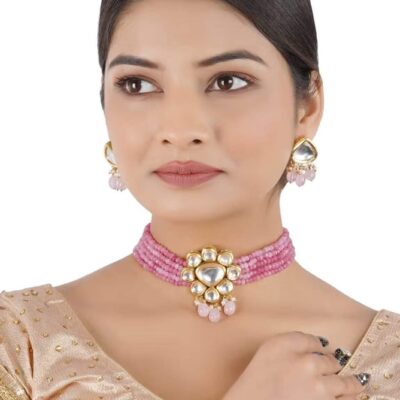 Gold Plated Kundan Bead Embellished Necklace With Earrings