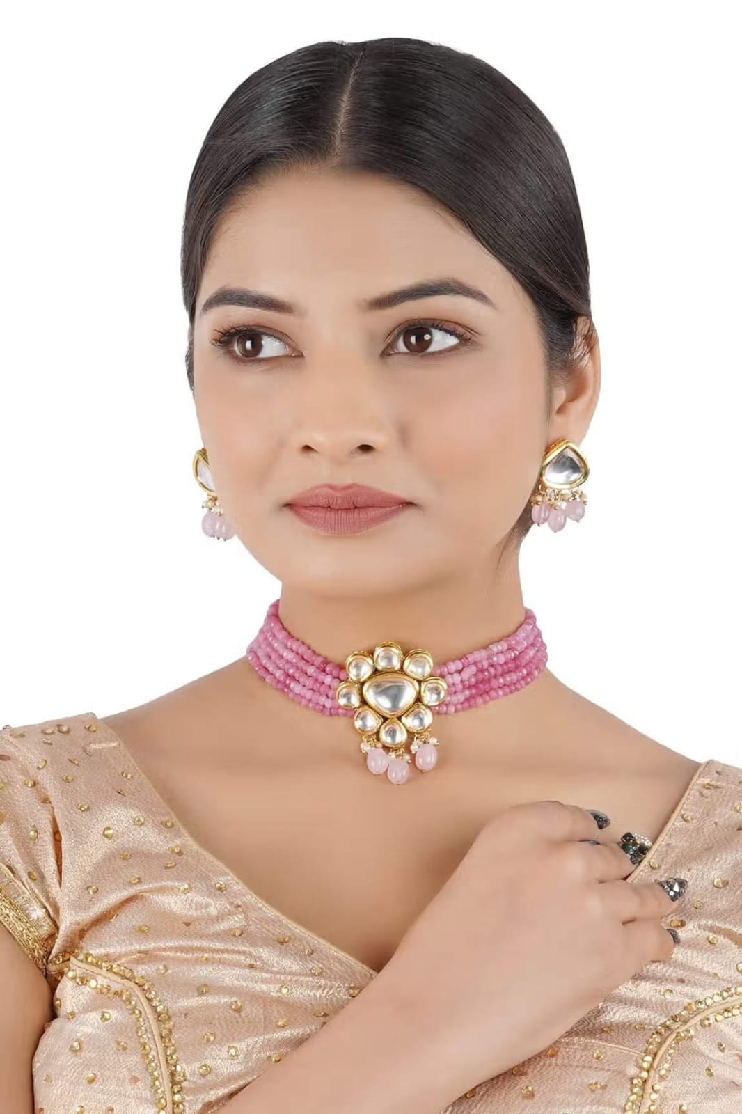Gold Plated Kundan Bead Embellished Necklace With Earrings