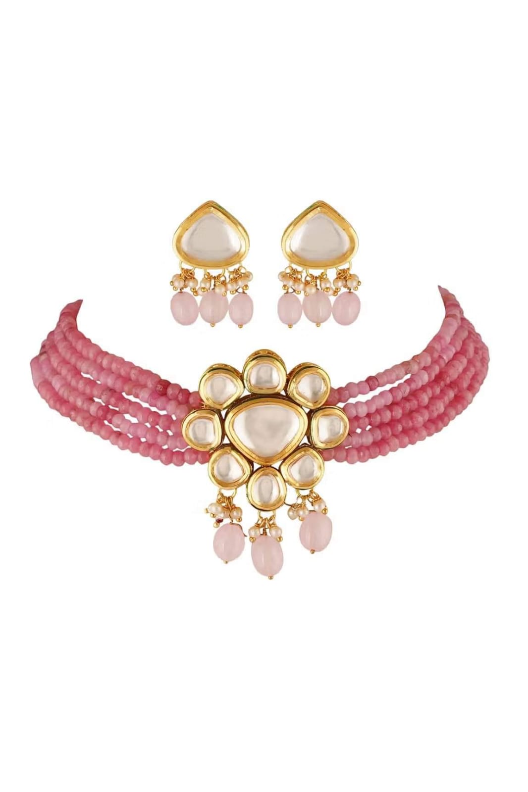 Gold Plated Kundan Bead Embellished Necklace With Earrings - Image 2