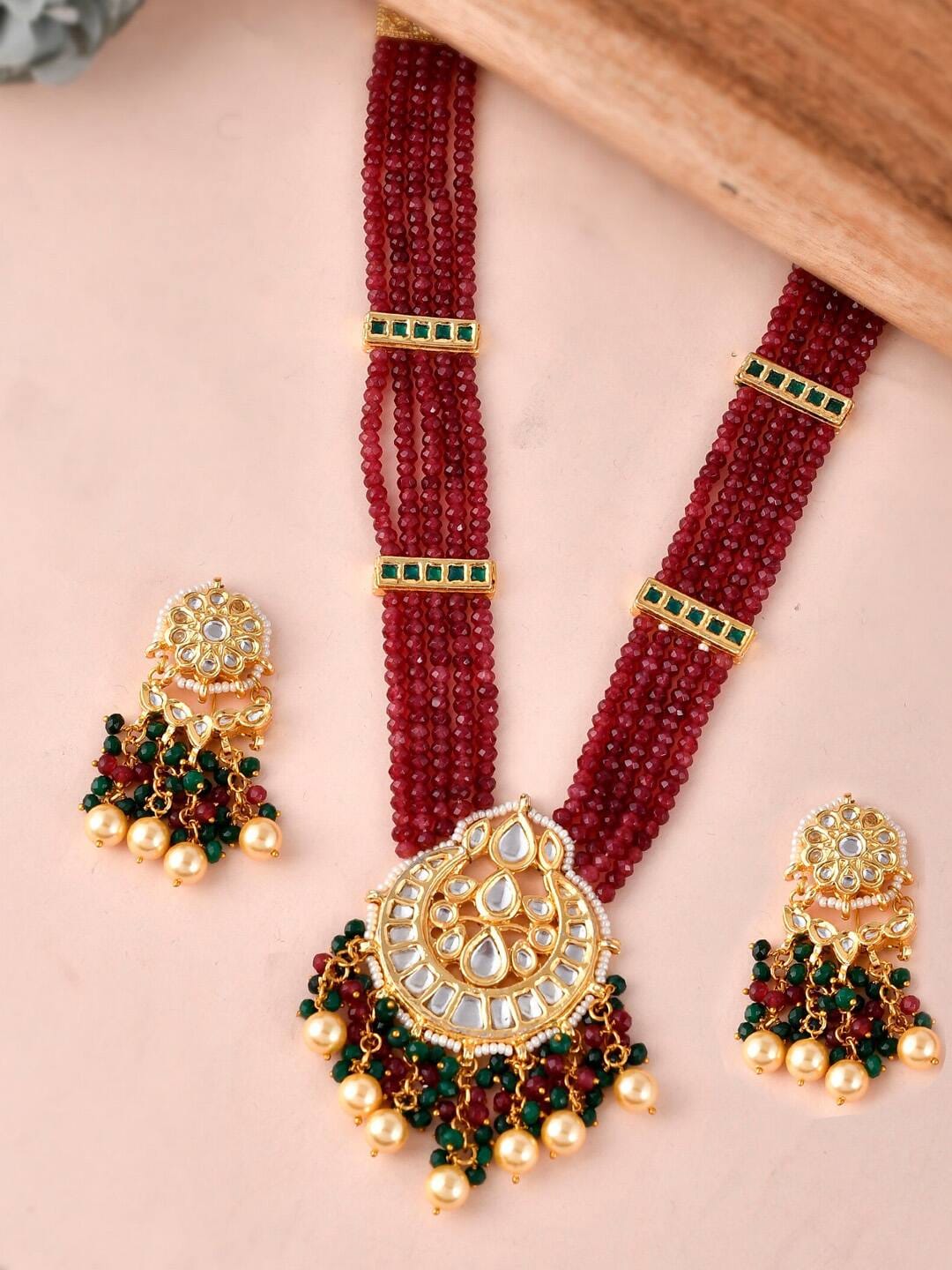 Gold-Plated Red & Green Polki Kundan Studded & Beaded Jewellery Set