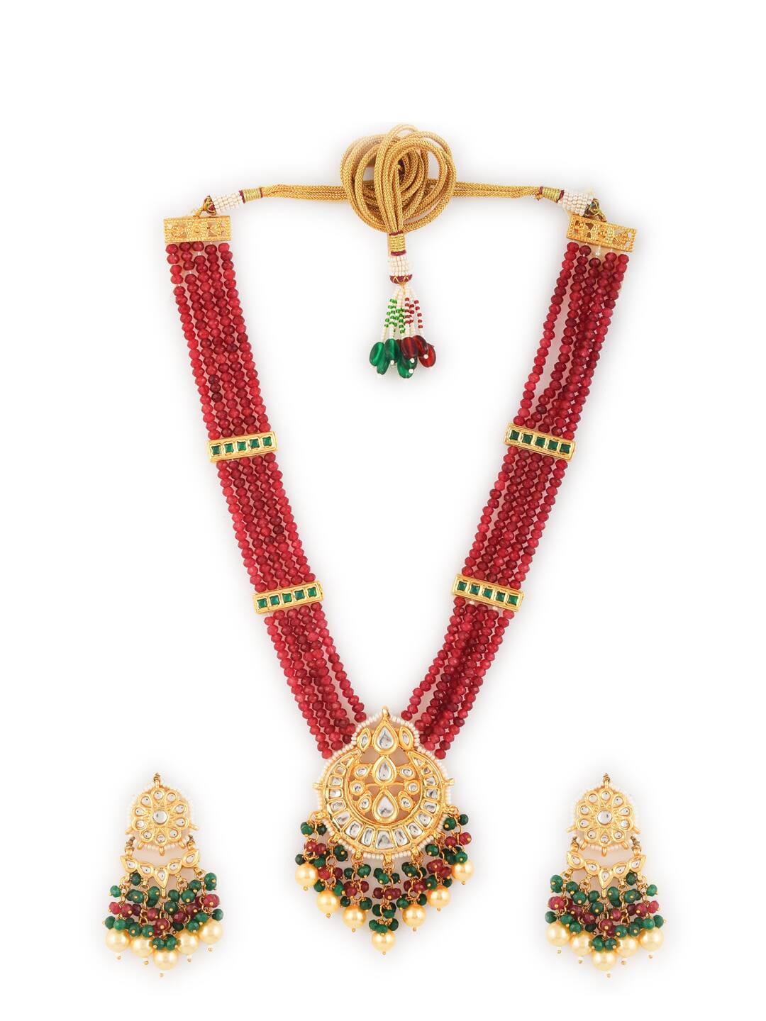 Gold-Plated Red & Green Polki Kundan Studded & Beaded Jewellery Set - Image 4