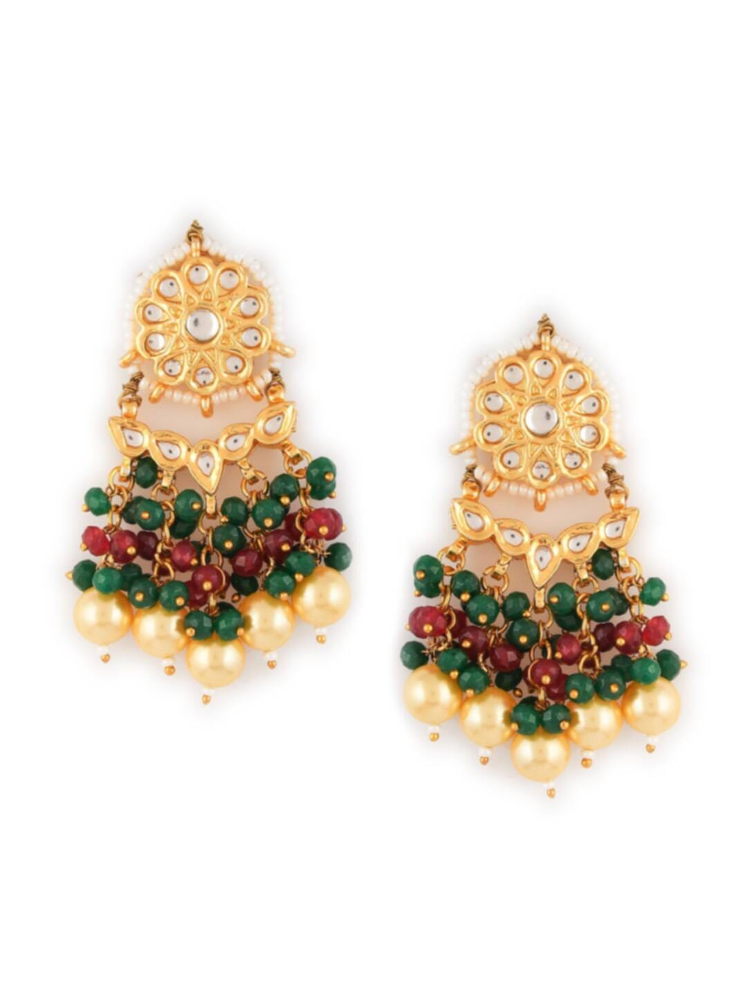 Gold-Plated Red & Green Polki Kundan Studded & Beaded Jewellery Set - Image 5