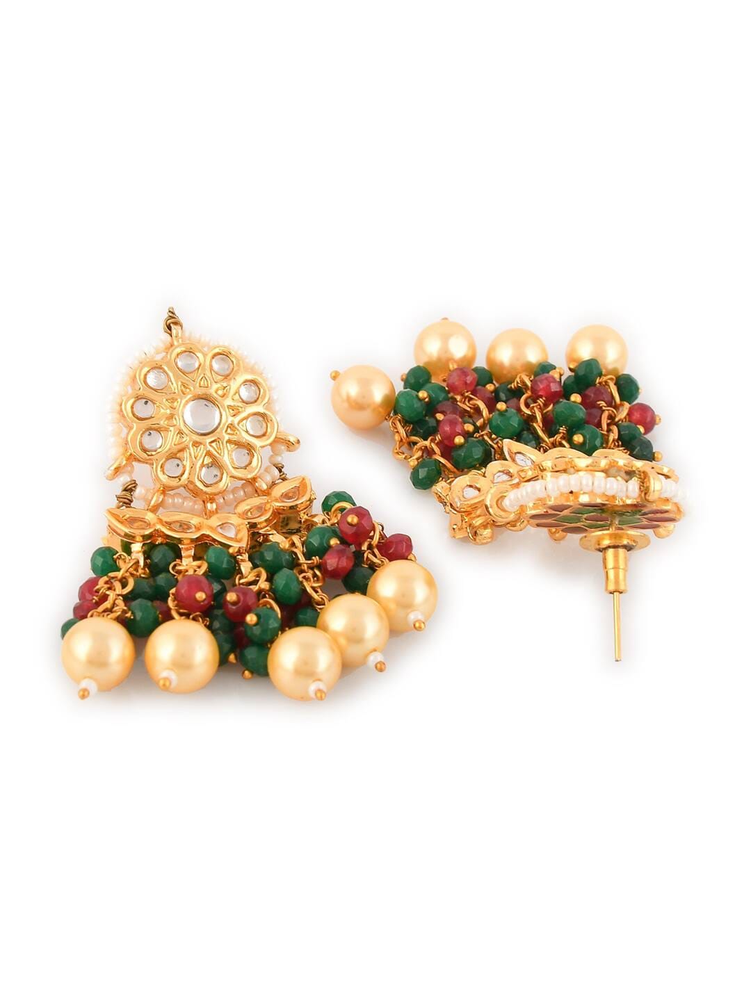 Gold-Plated Red & Green Polki Kundan Studded & Beaded Jewellery Set - Image 6