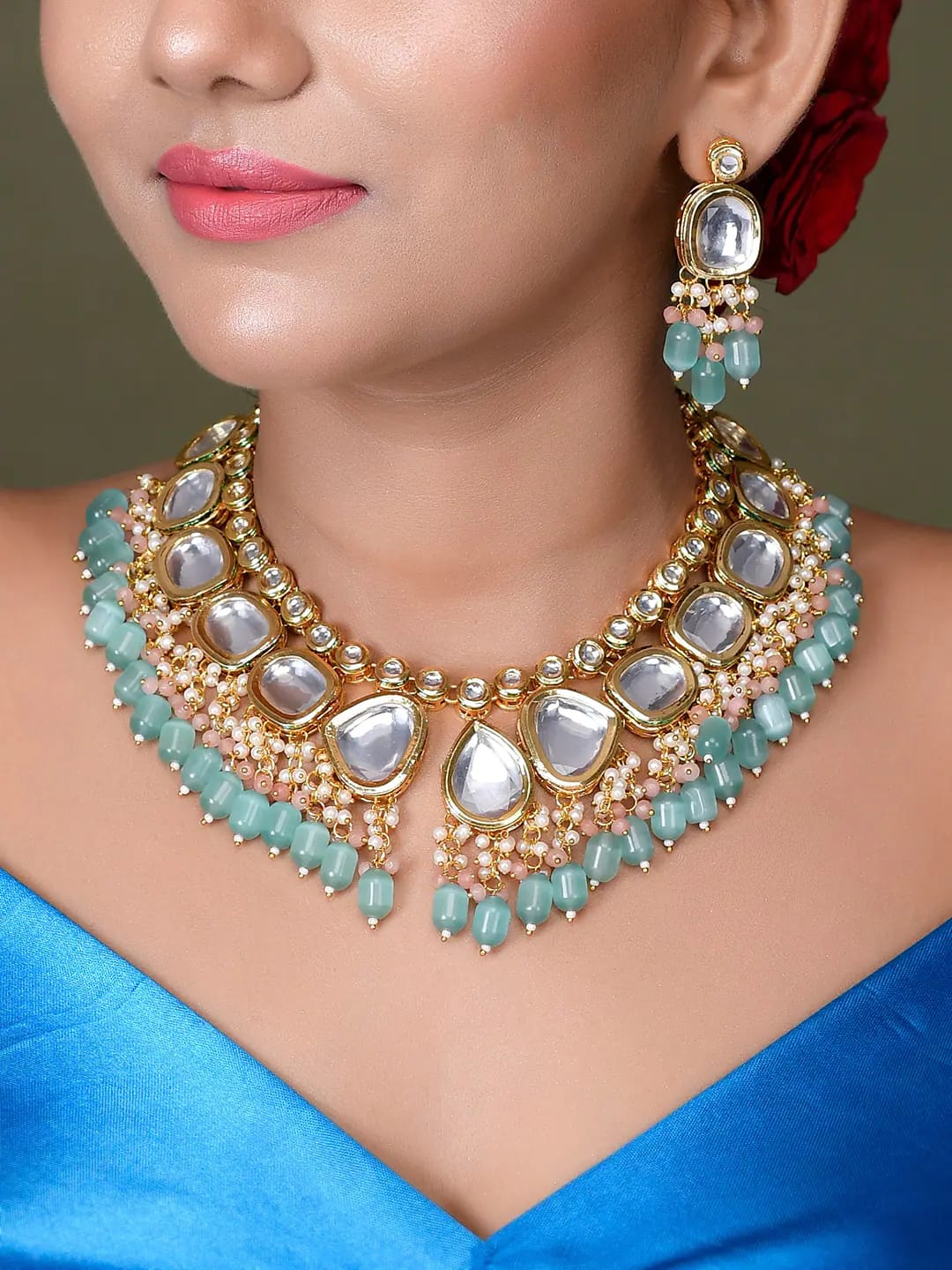 Gold Plated Turquoise Kundan Necklace Set - Image 3