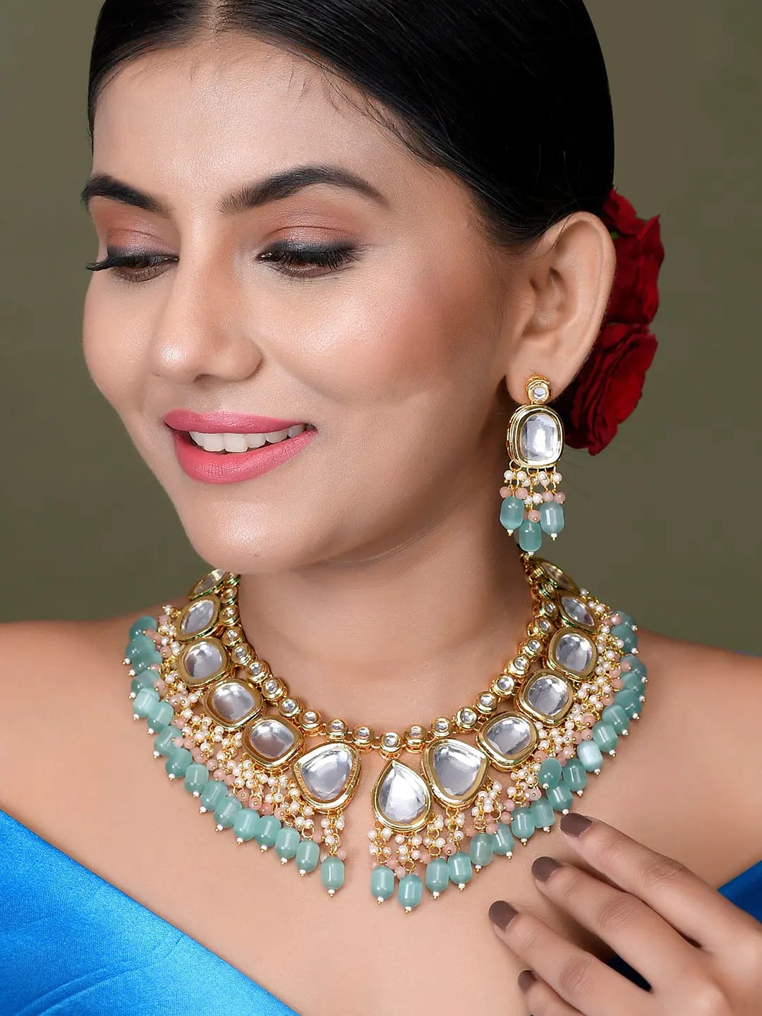Gold Plated Turquoise Kundan Necklace Set - Image 2