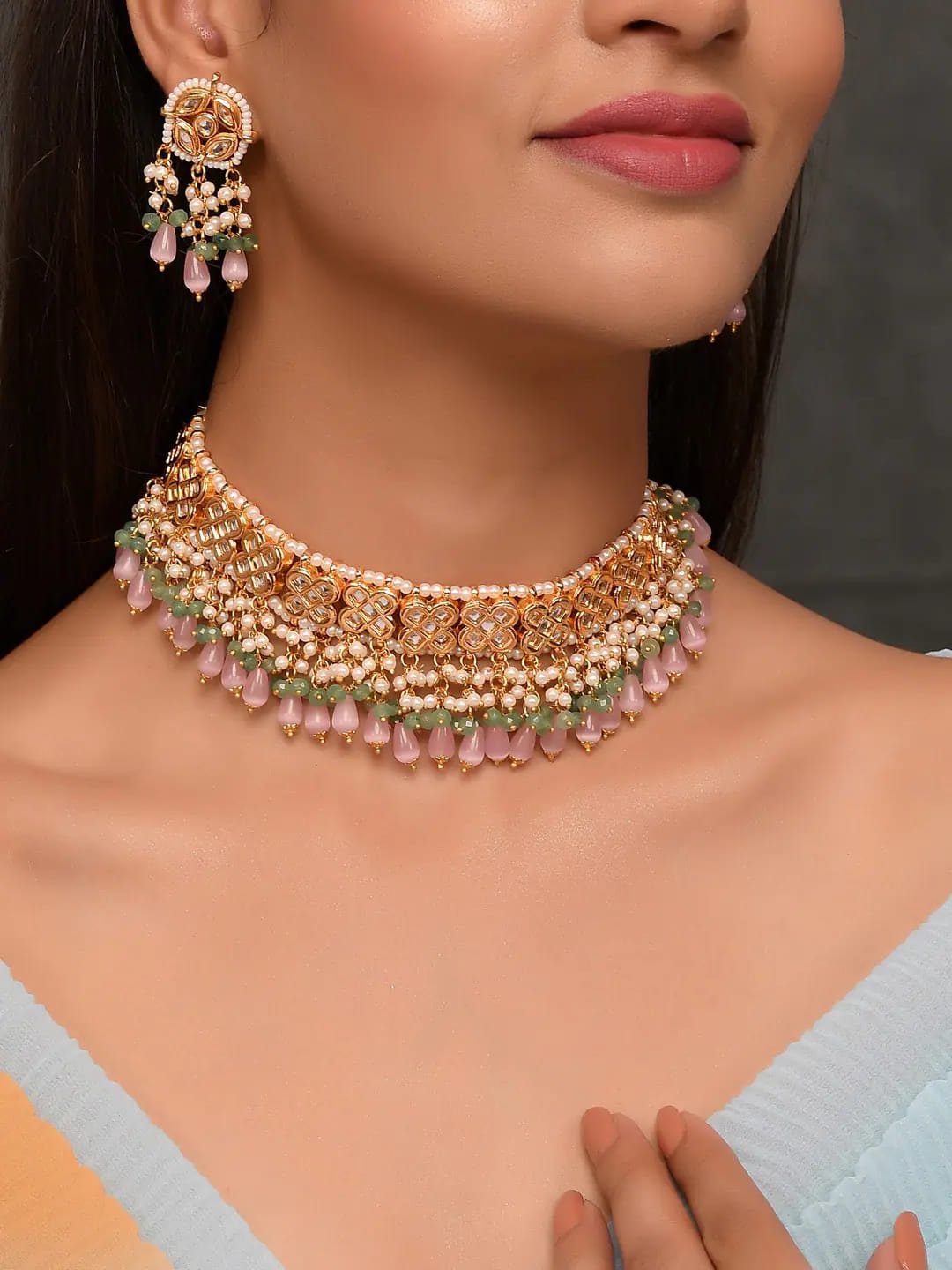 Gold Plated Pink Onyx Choker Necklace Set - Image 3