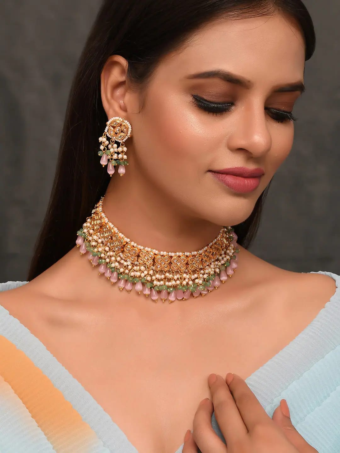 Gold Plated Pink Onyx Choker Necklace Set - Image 2