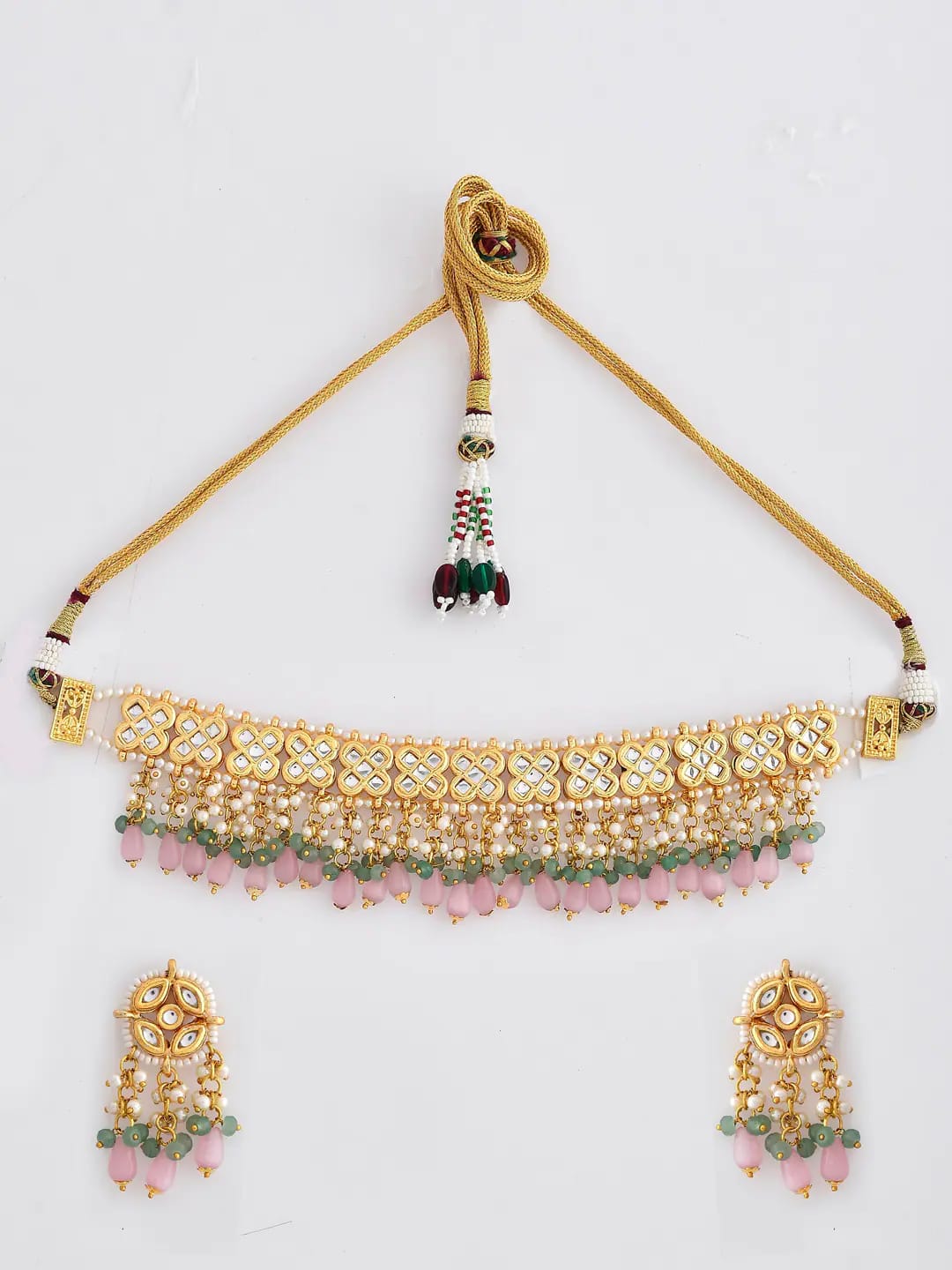Gold Plated Pink Onyx Choker Necklace Set - Image 4