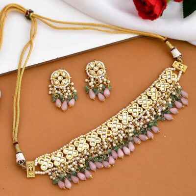 Gold Plated Pink Onyx Choker Necklace Set