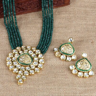 Green Multistrand Beaded Kundan Long Necklace With Earrings