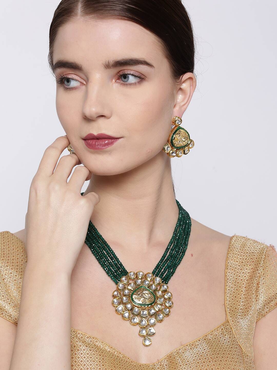 Green Multistrand Beaded Kundan Long Necklace With Earrings - Image 2