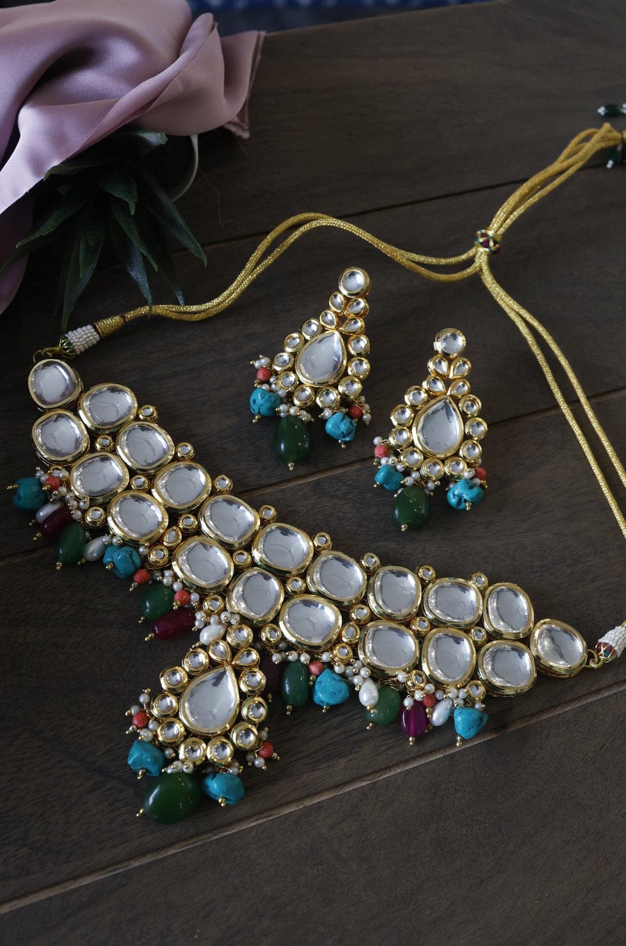 Heavy Meenakari Jadau Kundan Choker Necklace Set - Image 3